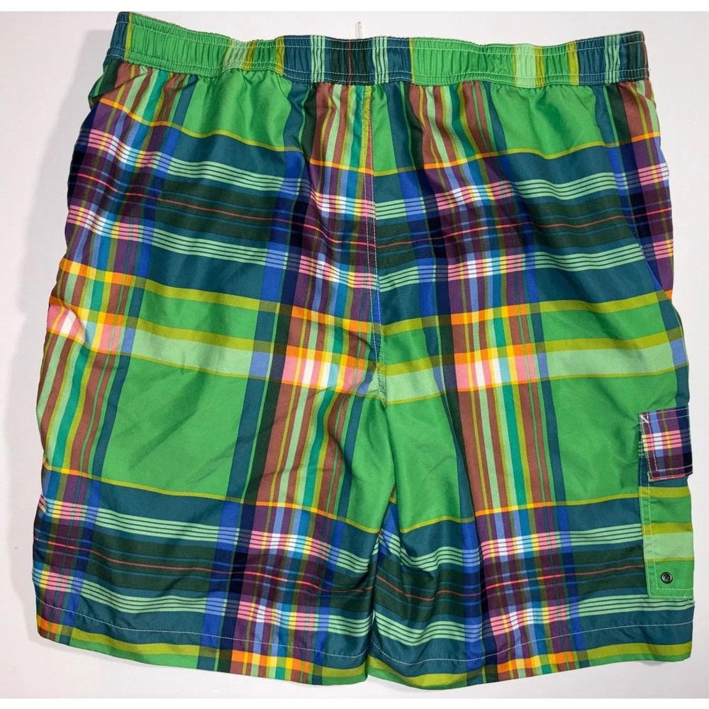 Chaps Mens Plaid‎ Swim Trunks LG Green Multicolor Pocket Drawstring Waist